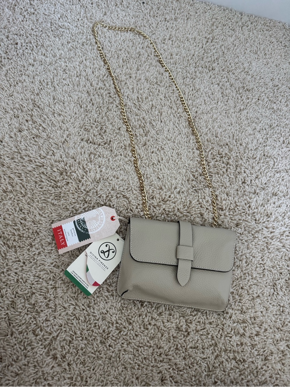Pebbled Leather Crossbody Bag in Light Taupe with Gold Chain